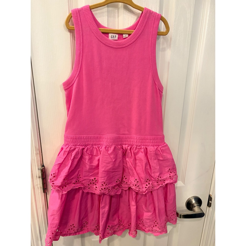 Gap Kids Dress Pink Eyelet Tiered Ruffle Ribbed Tank Sleeveless Summer Girl L 10
